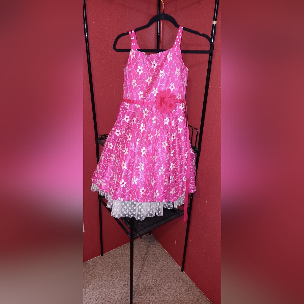 Pink Floral Lace Dress with Polka Dot Trim SIZE 12